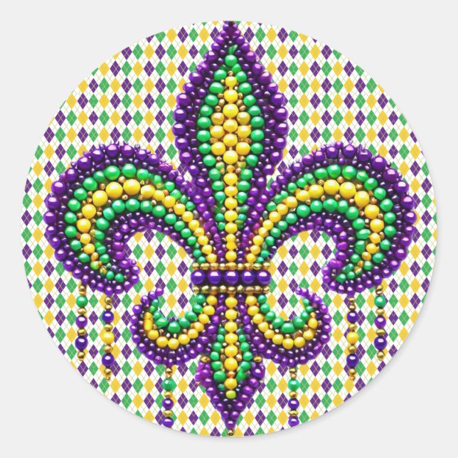 Purple yellow green Mardi Gras fleur de lis Classic Round Sticker (Front)