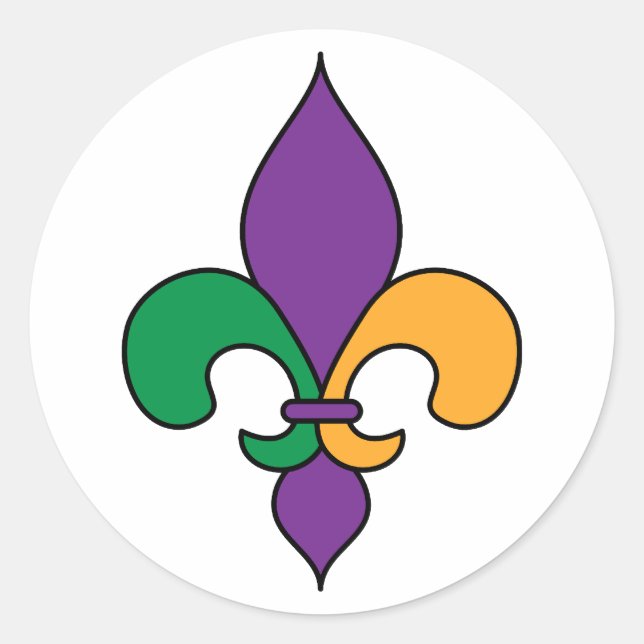 Purple Yellow Green Mardi Gras Fleur de Lis Classic Round Sticker (Front)