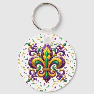 Purple yellow green Mardi Gras fleur de lis Keychain
