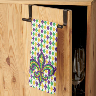 Purple yellow green Mardi Gras fleur de lis Kitchen Towel