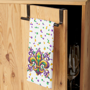 Purple yellow green Mardi Gras fleur de lis Kitchen Towel