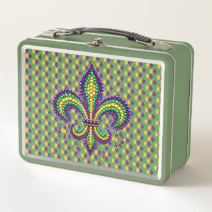 Purple yellow green Mardi Gras fleur de lis Metal Lunch Box