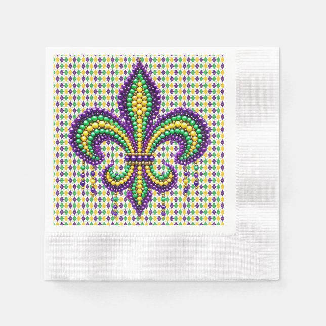 Purple yellow green Mardi Gras fleur de lis Napkin (Front)