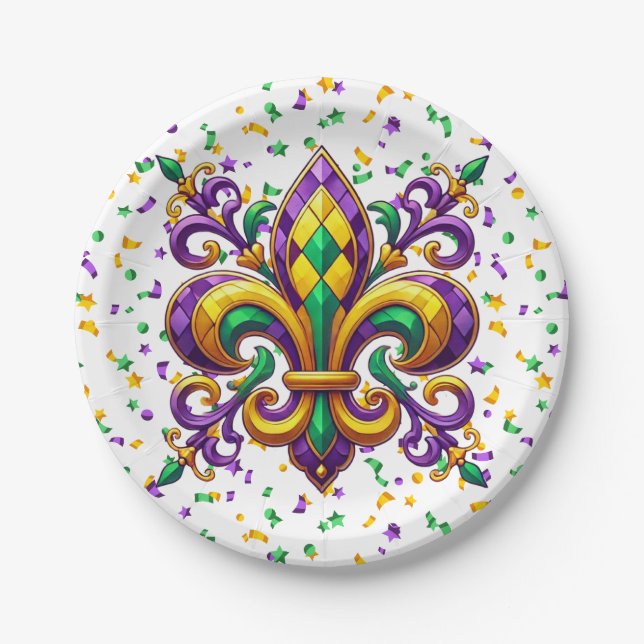 Purple yellow green Mardi Gras fleur de lis Paper Plate (Front)