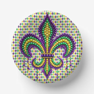 Purple yellow green Mardi Gras fleur de lis Paper Plate