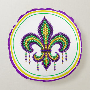 Purple yellow green Mardi Gras fleur de lis Round Pillow
