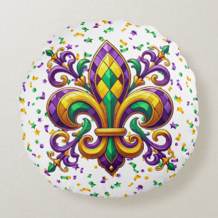 Purple yellow green Mardi Gras fleur de lis Round Pillow