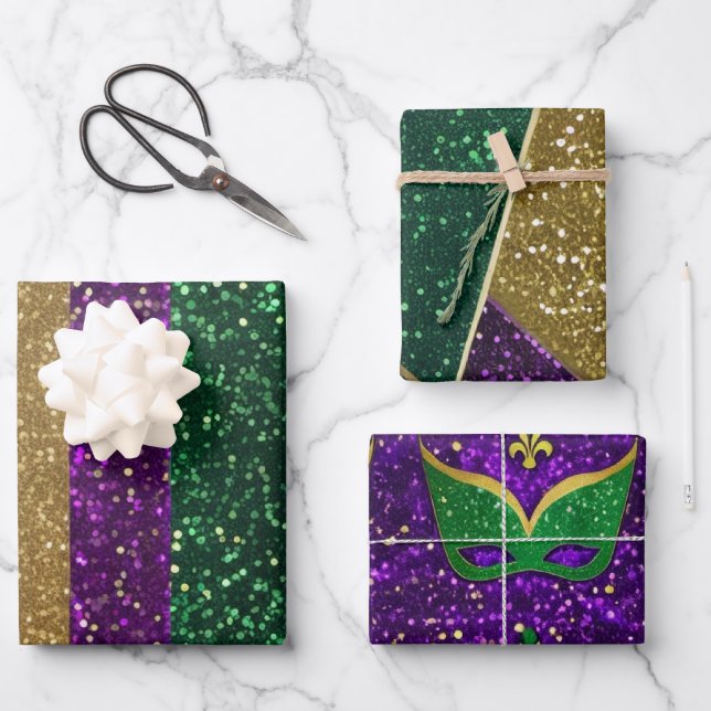 Purple Yellow Green Mardi Gras Glitter Patterns Wrapping Paper Sheet (Front)