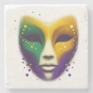 Purple yellow green Mardi Gras mask Stone Coaster
