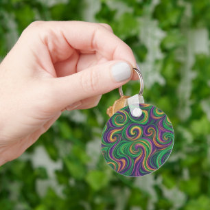 Purple yellow green Mardi Gras swirls abstract Keychain