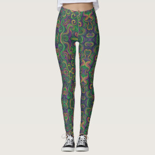 Purple yellow green Mardi Gras swirls abstract Leggings