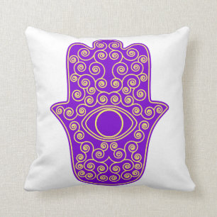 Purple Yellow Hamsa-Hand of Miriam-Hand of Fatima. Throw Pillow