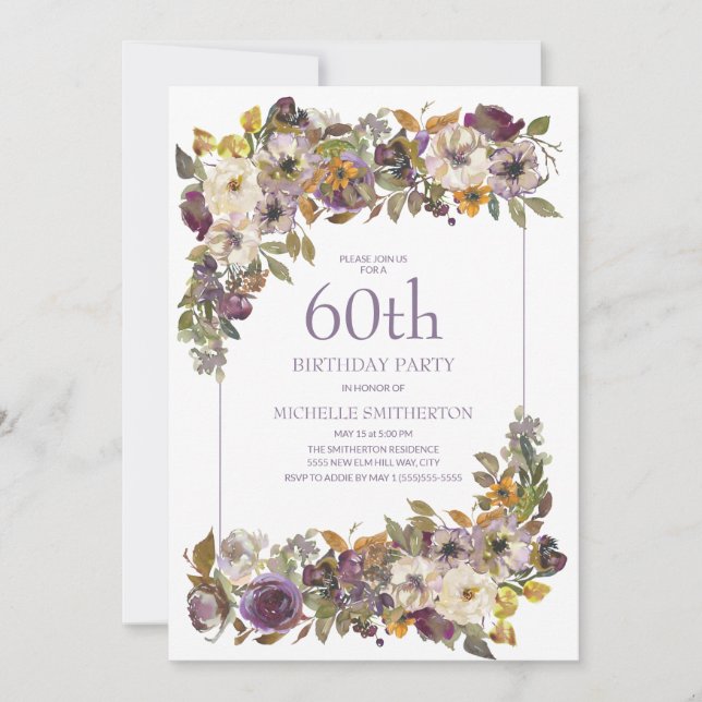 Purple Yellow Ivory Floral Foliage 60th Birthday Invitation (Front)