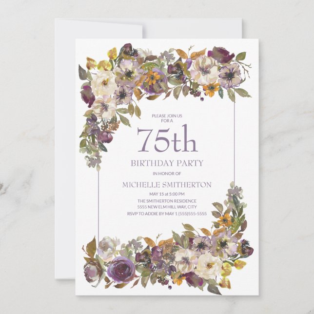 Purple Yellow Ivory Floral Foliage 75th Birthday Invitation (Front)