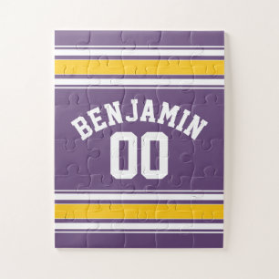 Purple Yellow Jersey Stripes Custom Name Number Jigsaw Puzzle