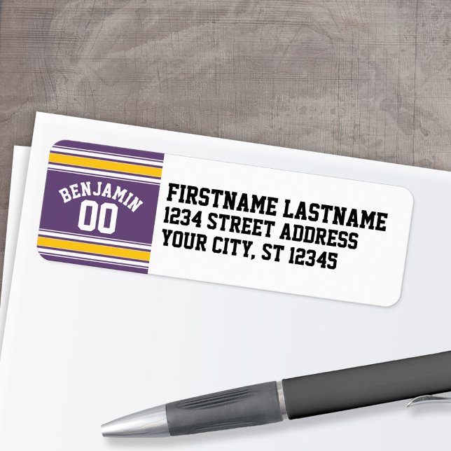 Purple Yellow Jersey Stripes Nom personnalisé Numé (Personalized Return Address Label)