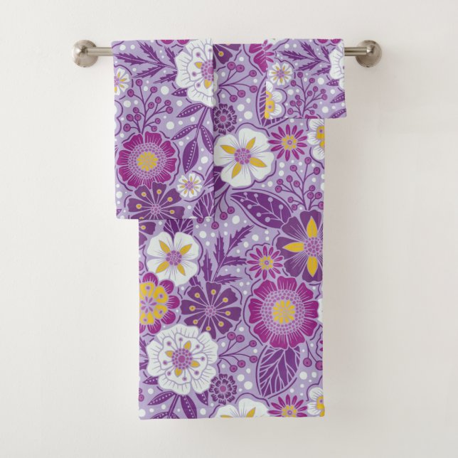 Purple, Yellow & Magenta Floral Bath Towel Set (Insitu)