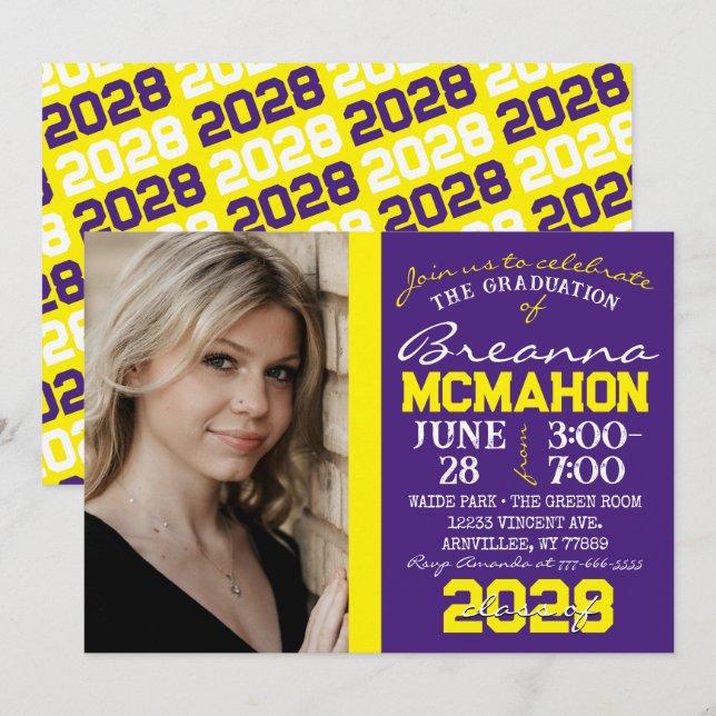 Purple & Yellow Modern Graduation Photo Invitation (Front/Back)
