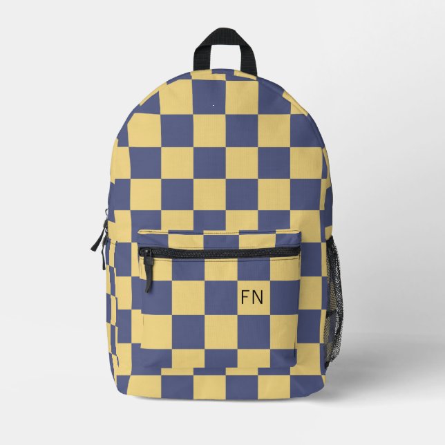 Purple Yellow Monogram Initials Chequerboard Printed Backpack (Front)