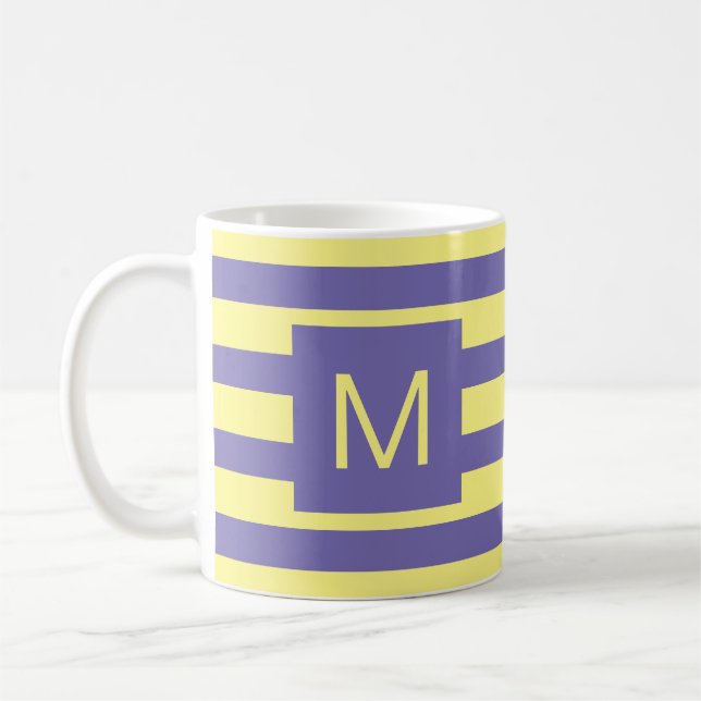 Purple Yellow (or Custom Colours) Striped Monogram Coffee Mug (Left)