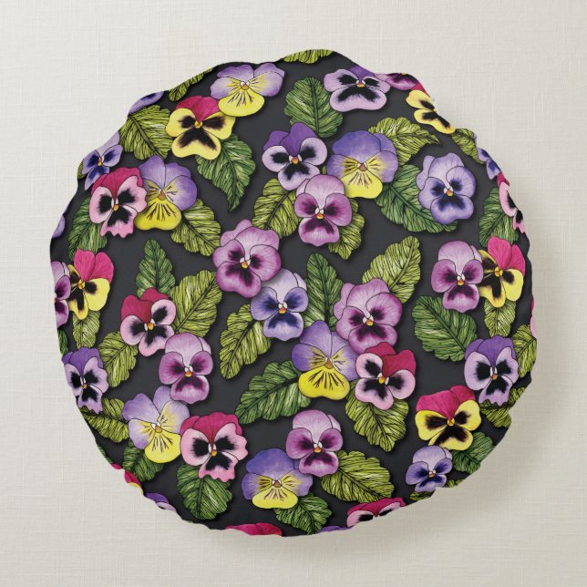 Purple & Yellow Pansies Floral Round Pillow (Back)
