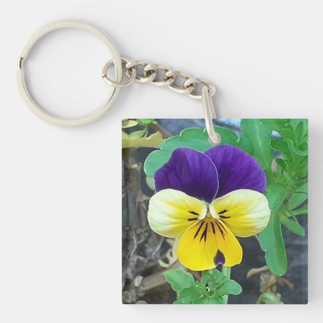 Purple & Yellow Pansy Acrylic Key Ring (Front)