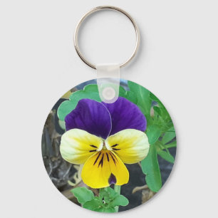 Purple & Yellow Pansy Button Keychain