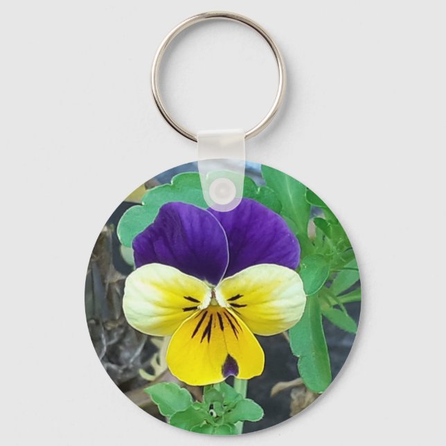 Purple & Yellow Pansy Button Keychain (Front)