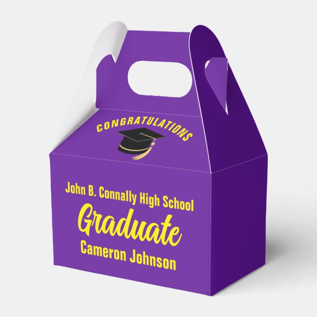 Purple Yellow Personalized Graduation Party Favor Box (Front Side)