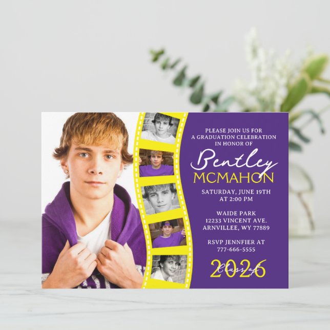 Purple & Yellow Photo Filmstrip Graduation Collage Invitation (Standing Front)