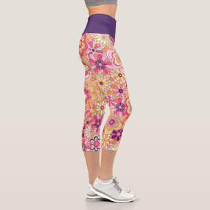Purple, yellow & pink boho flower capri leggings