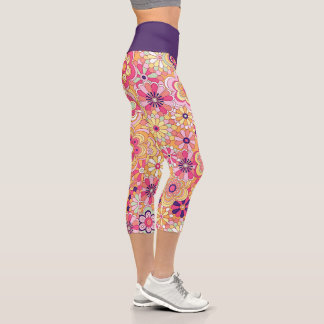 Purple, yellow & pink boho flower capri leggings