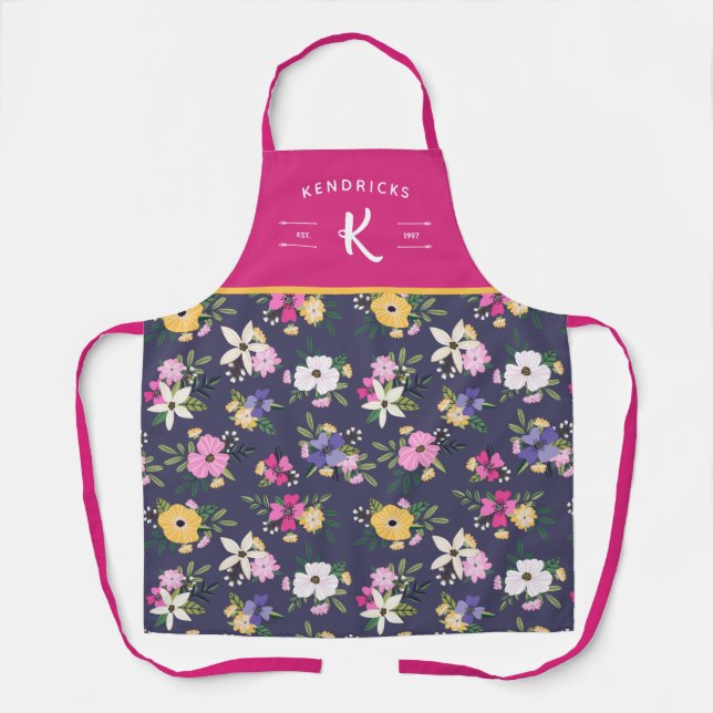 Purple Yellow Pink Floral Pattern Family Monogram Apron (Front)