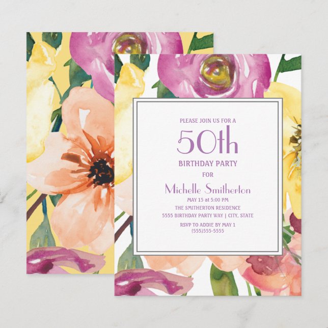 Purple Yellow Pink Watercolor Floral 50th Birthday Invitation (Front/Back)