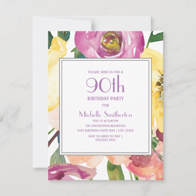 Purple Yellow Pink Watercolor Floral 90th Birthday Invitation (Front)