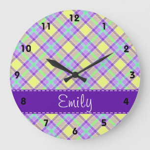 Purple & Yellow Plaid Pattern Large Clock