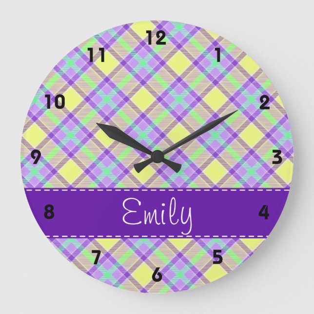 Purple & Yellow Plaid Pattern Large Clock (Front)