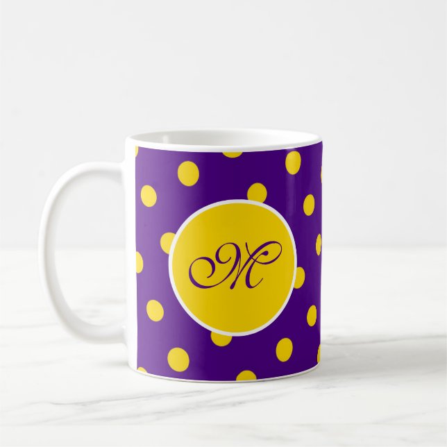 Purple Yellow Polka Dot Initial Fun Pretty Custom Coffee Mug (Left)