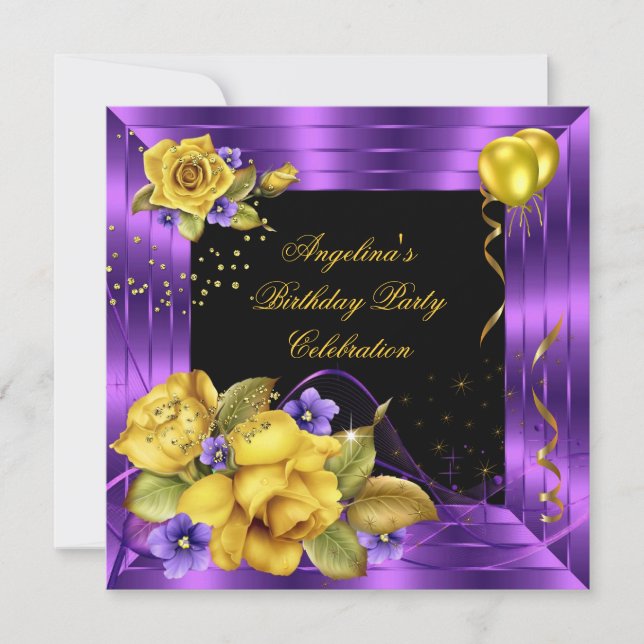 Purple Yellow Rose Black Glitter Birthday Party Invitation (Front)