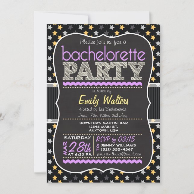 Purple & Yellow Stars Bachelorette Party Invitation (Front)