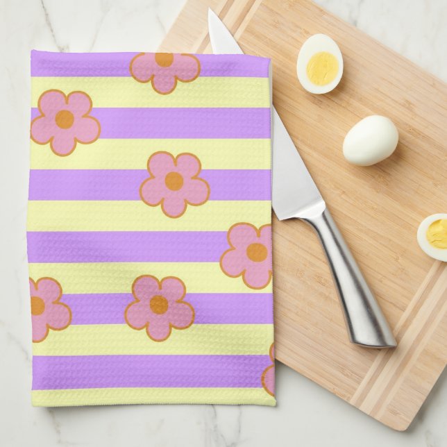 Purple Yellow Stripe Tropical Floral Botanical  Kitchen Towel (Quarter Fold)