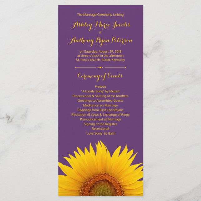 Purple Yellow Sunflower Wedding Program (Front)