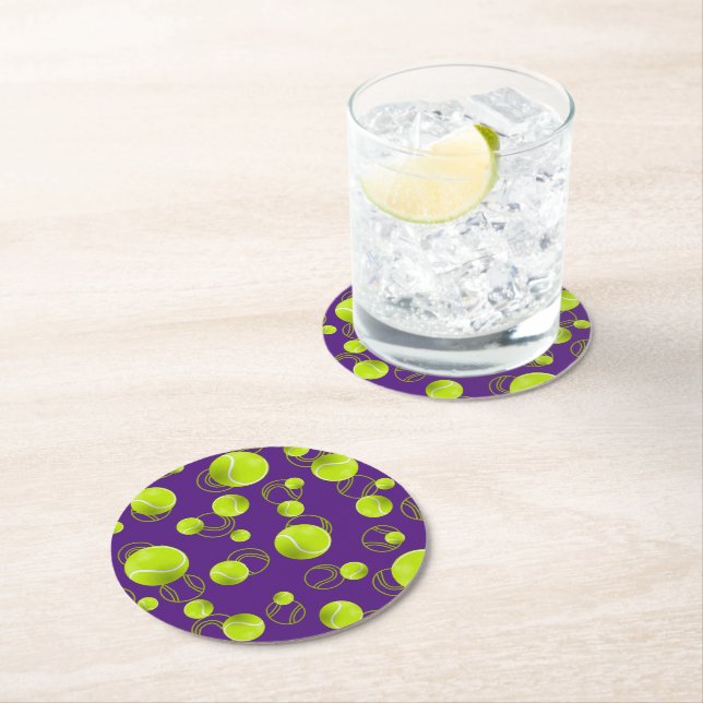 Purple Yellow Tennis Ball Pattern Round Paper Coaster (Insitu)