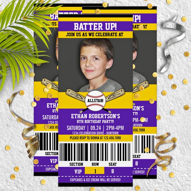 Purple|Yellow Ticket Style Baseball Birthday Party Invitation (Creator Uploaded)