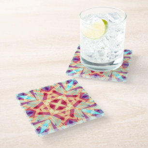 Purple Yellow Turquoise Red Geometric Moroccan Glass Coaster