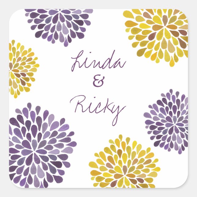 Purple & Yellow Watercolor Dahlias Wedding Seal (Front)