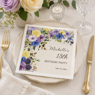 Purple Yellow Watercolor Floral 18th Birthday Napkin