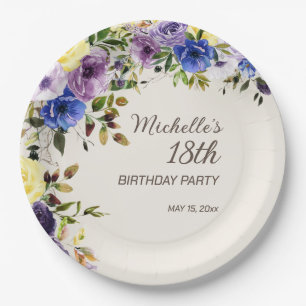 Purple Yellow Watercolor Floral 18th Birthday Paper Plate