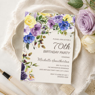Purple Yellow Watercolor Floral 70th Birthday Invitation