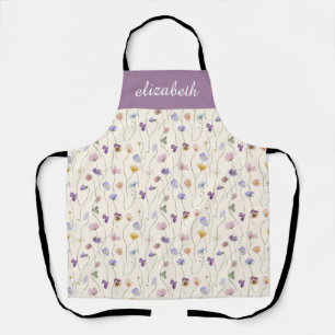 Purple Yellow Watercolor Wildflower Custom Name Apron